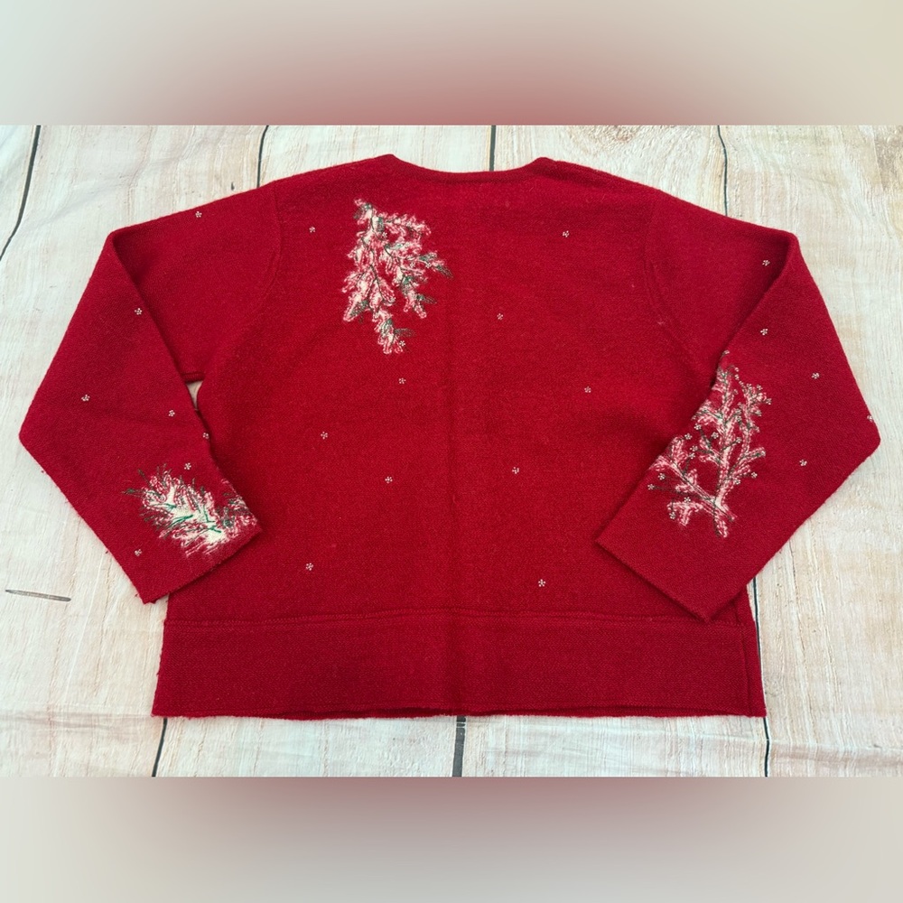 VTG Susan Bristol Wool Sweater Cardigan Medium Red Floral Beaded Cottage Granny - Picture 9 of 9